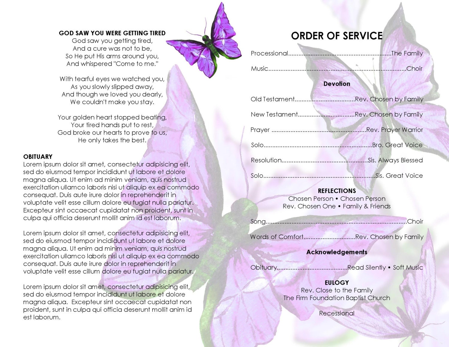 Purple Butterfly Funeral Program Template Bi Fold Tem 