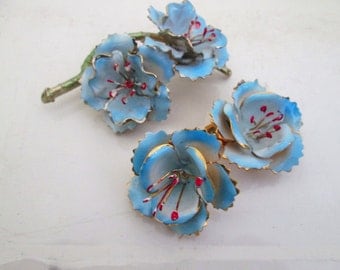 Light Blue Enamel Metal Flower Brooch Earrings Demi Parure Set