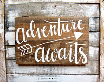 Adventure Awaits Hand-Lettered Wood Sign // Woodland Arrow Nursery Decor // Gender Neutral // Hand Lettered Hand Painted