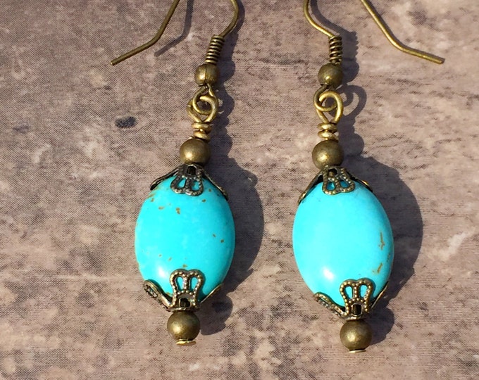 SOLD Turquoise brass long drop dangle earrings, Howlite turquoise brass earrings, Turquoise earrings, boho turquoise earrings
