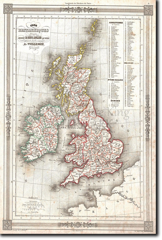 Historic Map of The United Kingdom from 1852 Reproduction