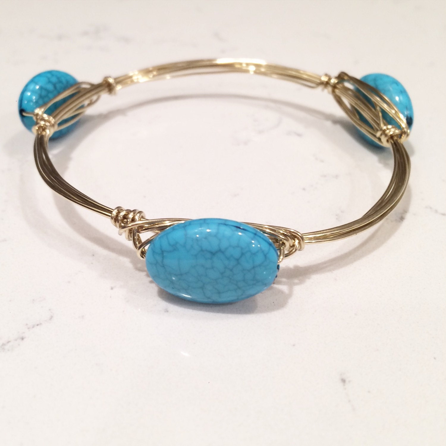 Turquoise Stone Gold Wire Wrapped Bangle Bracelet By LouisandFinn