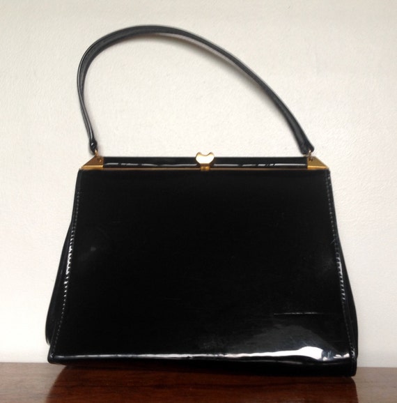 Vintage Black Patent Leather Handbag.1950&#39;s/60&#39;s.