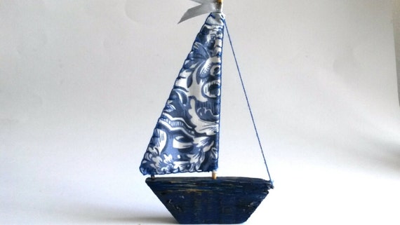 Driftwood Sailboat Blue and White Boat Blue Boat Wooden