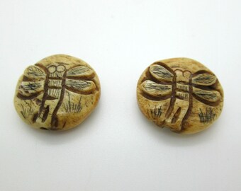 Dragonfly Bead, Carved Bone Bead, Tribal Dragonfly Bead, Rustic Dragonfly, 20mm (2)