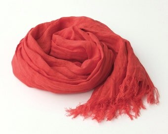 orange pure linen scarf, lightweight, gauze, extra long, large wrap shawl