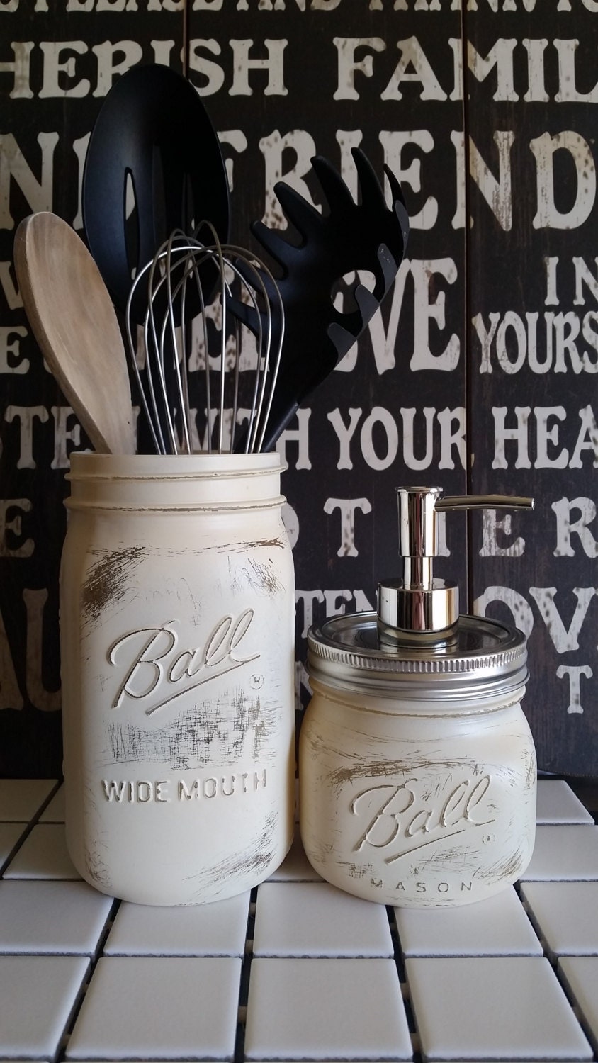 Ivory Shabby Chic Mason Jar Kitchen Utensil Holder