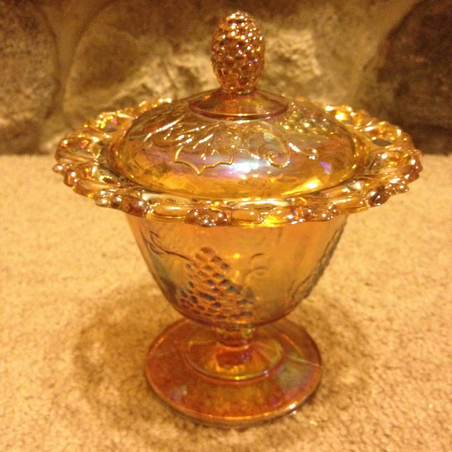 Vintage Amber Carnival Glass Candy / Bonbon Bowl Grape