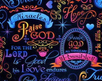 Brite Spiritual Words on Black Religious Fabric by Timeless Treasures