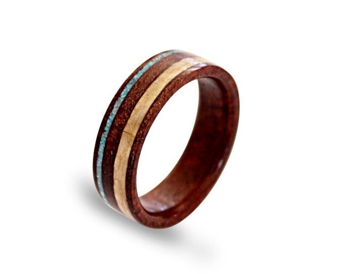 Wood men ring red hearth inlaid with wrapped beech and turquoise