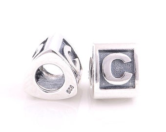 Sterling Silver 925 Alphabet Letter initial "C" block bead for all European Bracelet fits Pandora