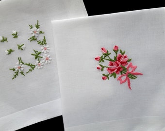 White cotton vintage handkerchief with embroidered flowers set of two