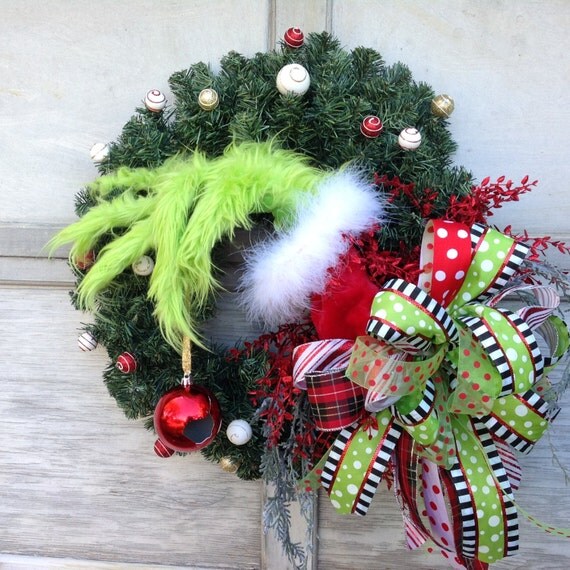 Grinch Wreath Santa Wreath by UniqueThingamajigs on Etsy | Grinch christmas decorations