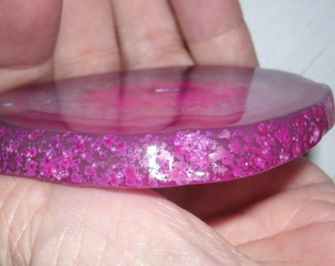 Freeform Druzy Agate Slice, Pink and clear,Large thick stone over 3 inches, color enhanced, polished and drilled for DIY jewelry or crafts,