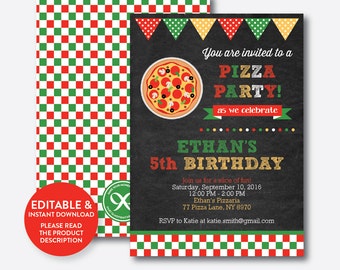 Instant Download, Editable Pizza Birthday Invitation, Pizza Invitation, Pizza Party Invitation, Chef Party Invitation, Chalkboard (CKB.86)