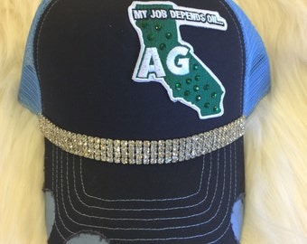 Navy & Blue Hat- Bling- California Patch- My Job Depends On AG- Landfill Dzine
