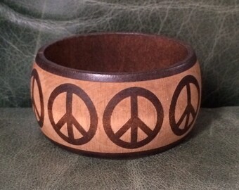 Vintage Wood Bangle, Peace Sign Bangle, Peace Bracelet, Peace Sign Jewlery, Wooden Peace Bangle, Wooden Jewelry, Vintage Peace Sign
