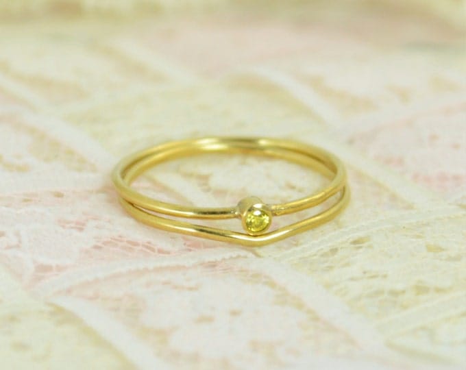 Tiny Citrine Ring Set, Solid 14k Gold Wedding Set, Stacking Ring, Solid 14k Gold Citrine Ring, November Birthstone, Bridal Set, Topaz Ring