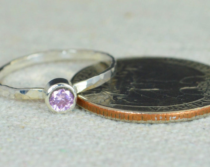 Small Pink Tourmaline Ring, Hammered Silver Ring, Stackable Rings, Mother's Ring, October Birthstone Ring, Skinny Ring, Mothers Ring