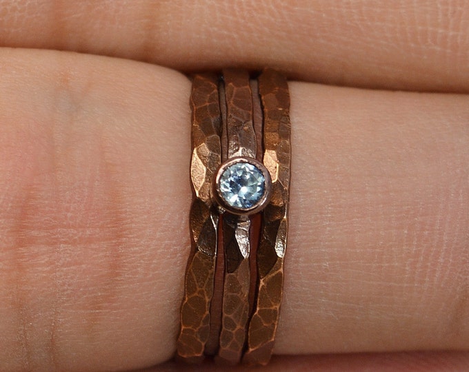 Bronze Copper Aquamarine Ring, Classic Size, Stackable Rings, Mother's Ring, March Birthstone, Copper Jewelry, Aquamarine, Pure Copper Band