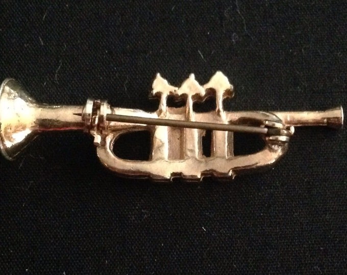 Storewide 25% Off SALE Vintage Gold Tone Musical Designer Trumpet Brooch Pin Featuring Rhinestone Accented Design