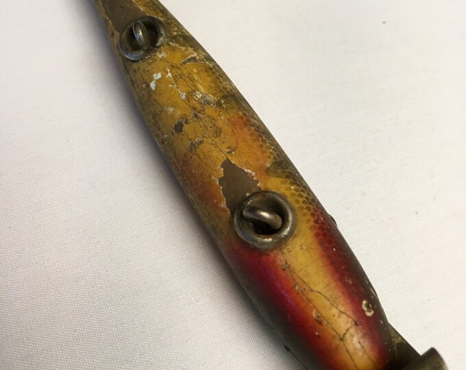 Storewide 25% Off SALE Antique Large Green Hand Painted Wooden Fishing Lure Featuring Original Yellow Glass Eyes