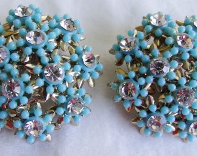 Storewide 25% Off SALE Vintage Baby Blue Beaded Cluster Style Designer Clip Earrings Featuring Subtle Rhinestone Accented Embellishments
