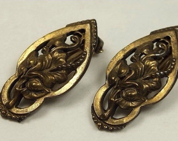 Storewide 25% Off SALE Vintage Brushed Bronze Style Fleur De Lis Inspired Designer Clip Earrings Featuring Open Lace Design Finish