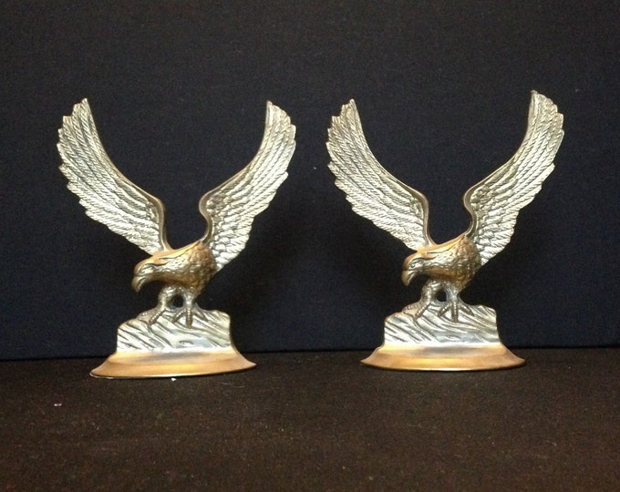 Storewide 25% Off SALE Matching Pair Vintage Heavy Cast Brass Perched Eagle Bookends Featuring Flighted Wings With Highly Detailed Design F