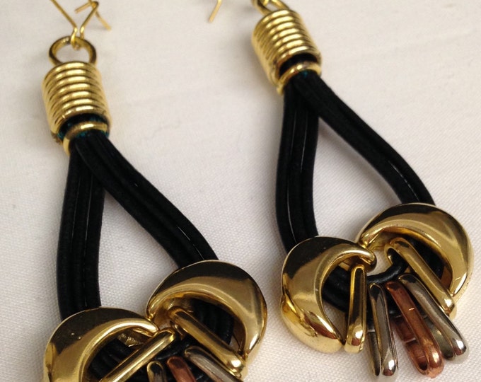 Storewide 25% Off SALE Vintage Gold Tone Black Rope Style Designer Hoop Earrings Featuring Silver & Rose Gold Tone Design