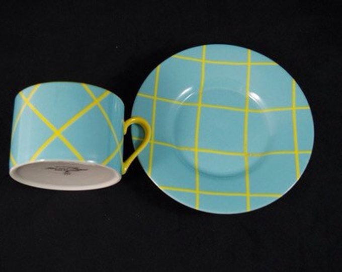 Storewide 25% Off SALE Vintage Set Of 4 Fitz And Floyd Fine Porcelain Windowpane Pattern Cup & Saucer Set Featuring Sunshine Yellow Design