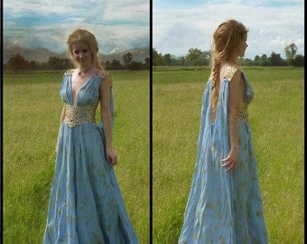 Game of Thrones Costume - Daenerys Qarth Dress - Blue with Belt and Cape - Khaleesi Gown Cosplay