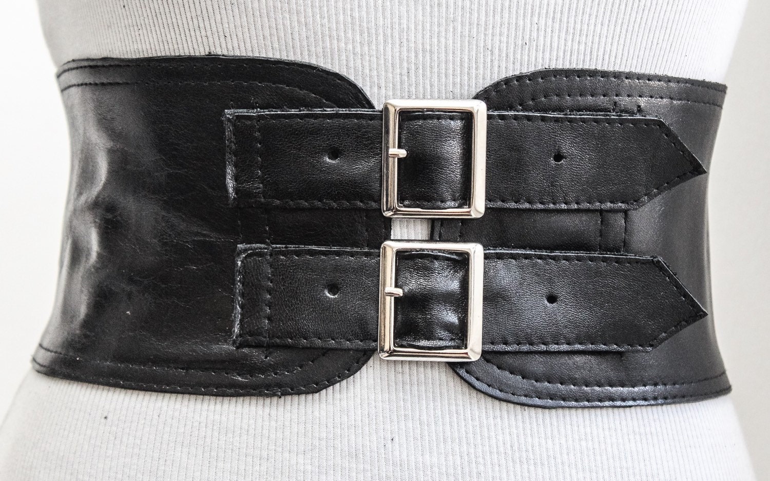 Black Corset Leather Two Silver Buckle Belt Black Belt
