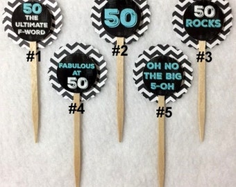 Set Of 12 Personalized 50th Birthday Party Chalkboard & Teal With Black Chevron Background Cupcake Toppers (Your Choice Of Any 12)