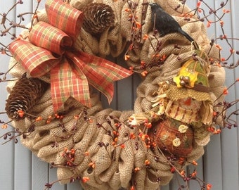 Burlap wreath, fall wreath, burlap and berries, scarecrow, crow, orange, pumpkin, autumn wreath