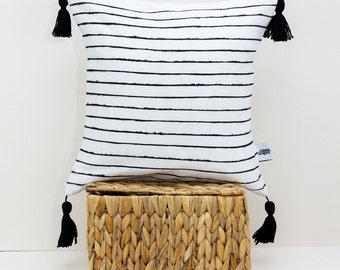 White linen throw pillow with Black stripes - Pom pom pillow - Scandinavian modern - Tassel cushion - Black and white pillow - Linen pillow