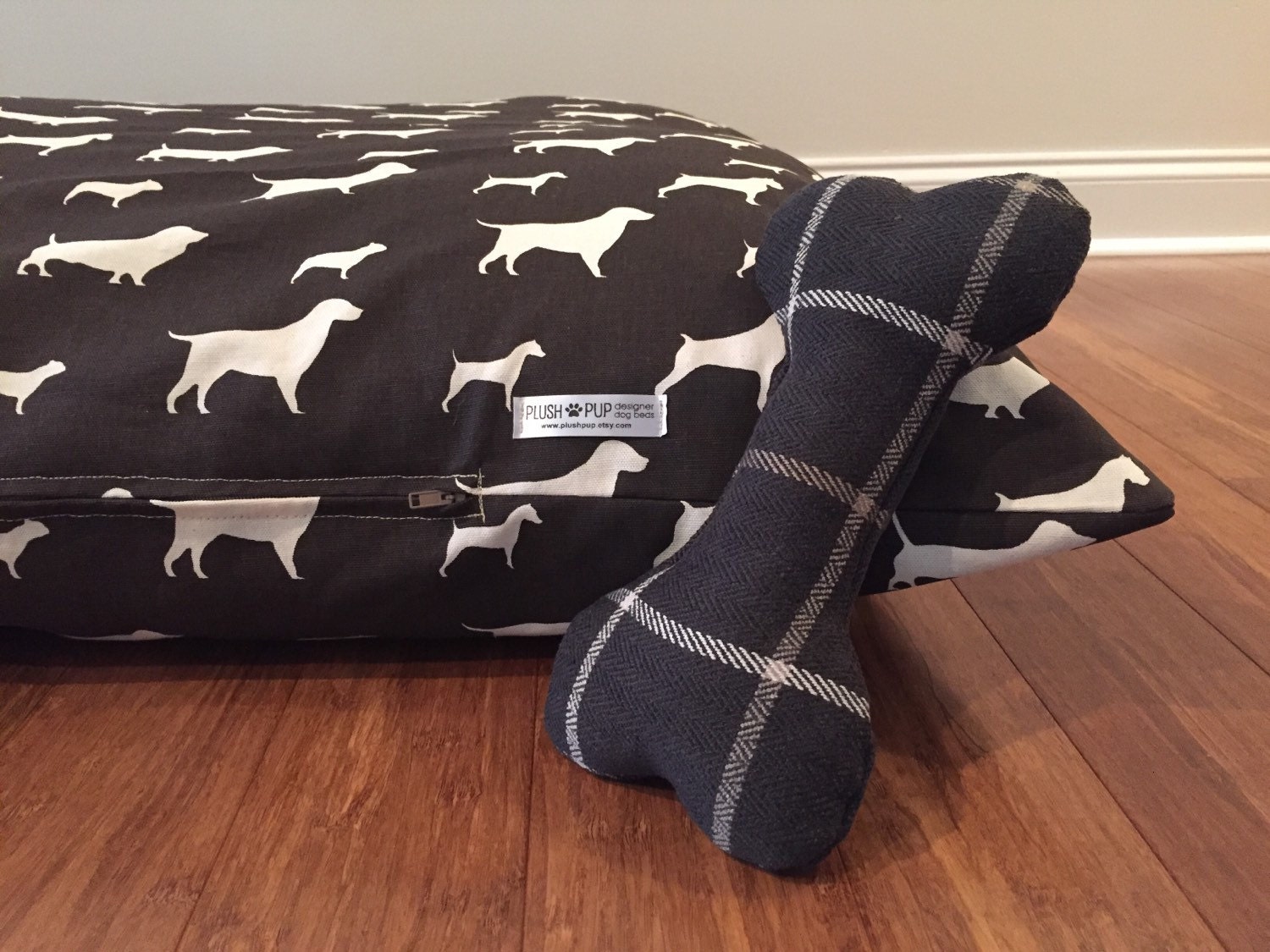 Plush dog toy bone Plush Sqeaker dog bone toy in Black by PlushPup