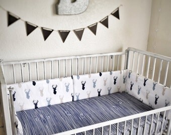 Crib Bedding Sets - Tan Navy Grey - Rustic Nursery and Toddler Bedding - Woodland & Antlers, Wood grain and Horns