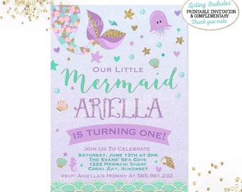 Mermaid Invitation Mermaid Birthday Invitation Teal Purple Gold Sparkle Mermaid Invitation Under The Sea Invitation Mermaid Birthday Party