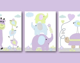 Purple Grey Playroom Art Giraffe Elephant Nursery Turtle Nursery Baby Girl Nursery Art Printable Art Instant Download set of 3 8x10 11X14
