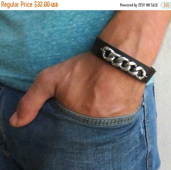 ON SALE 20 OFF Men's Bracelet Black Leather Bracelet With Silver