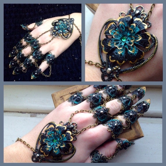 Finger Claws - Full Hand Black Dahlia - Black, Gold & Green - Adjustable Armour Rings by ArmaMedusa steampunk buy now online