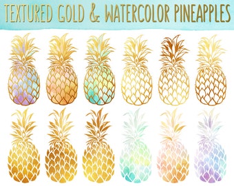 Pineapple Clipart - Gold Texture Pineapples, Watercolor Pineapples Clip Art Set - PNG & JPG Files, Summer Clipart, Cute Fruit Clip Art