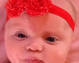 Red and white polka dot shabby chic headband, newborn headband, shabby chic headband