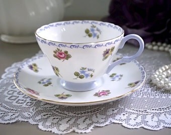 Shelley Tea Cup and Saucer, "Shelley Rose, Pansy and Forget-Me-Not", Blue Trim, English Bone China, Made in England, Tea Party, 1925-1940