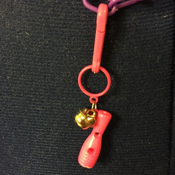 80s Plastic Bell Charm Necklace Retro Bowling Pin Pink Pin
