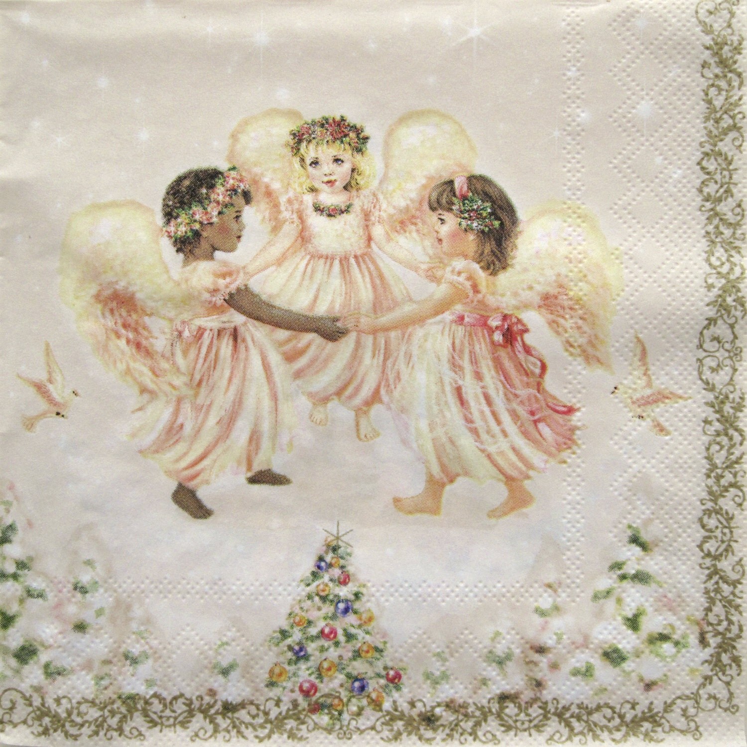 Decoupage paper napkins Angels dancing Christmas tree