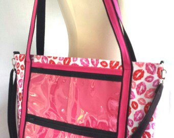 lips fabric custom consultant display tote bag. .direct sales rep clear window advertise your business bag..catalogue display bag