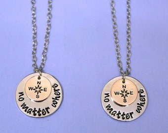 Best friend necklace, no matter where, compass charm, bff necklace, sister, mother daughter, friendship jewelry, friends, quote necklace