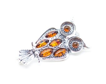 Owl Brooch, Owl Jewellery, Amber & Silver Owl Brooch, Amber Brooch, Silver Brooch, Brooch Gift, Animal Brooch, Baltic Amber Brooch, Amber